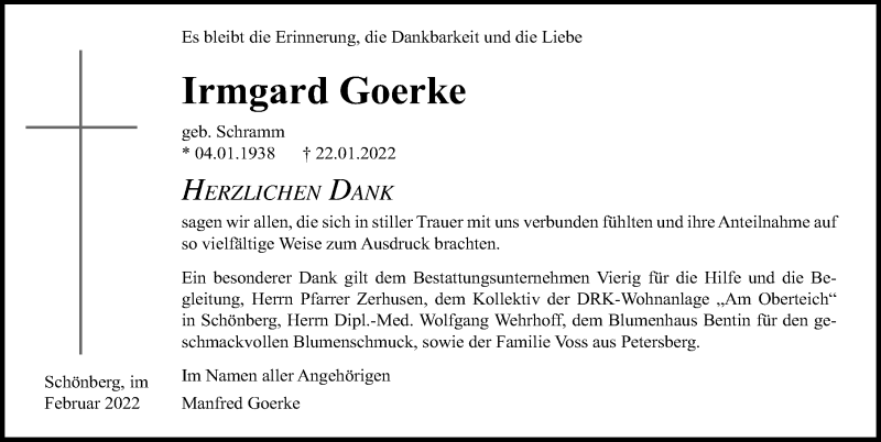  Traueranzeige für Irmgard Goerke vom 18.02.2022 aus Ostsee-Zeitung GmbH