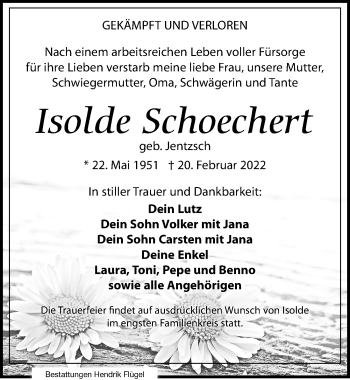 Traueranzeige von Isolde Schoechert von Leipziger Volkszeitung