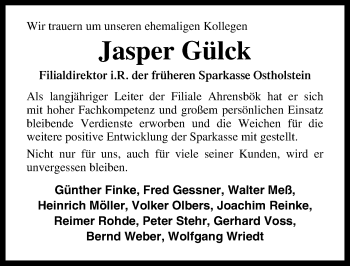 Traueranzeige von Jasper Gülck von Lübecker Nachrichten
