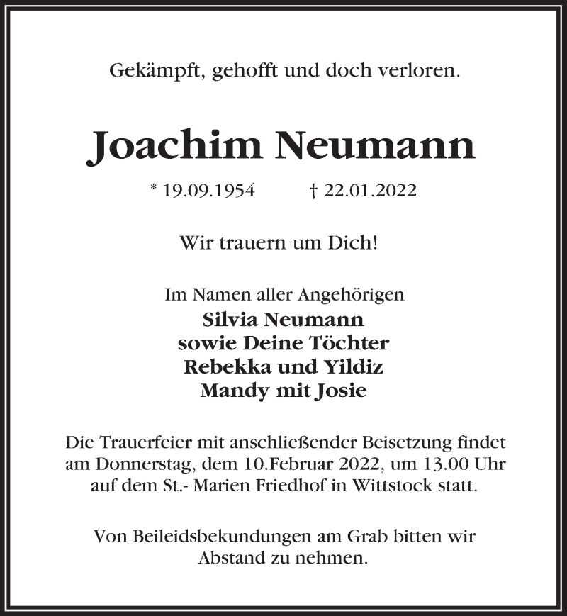  Traueranzeige für Joachim Neumann vom 05.02.2022 aus Märkischen Allgemeine Zeitung
