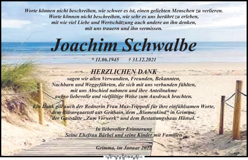  Traueranzeige für Joachim Schwalbe vom 12.02.2022 aus Leipziger Volkszeitung