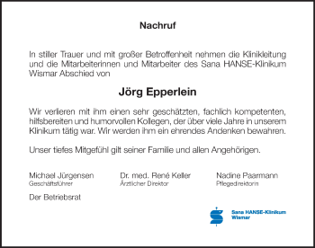 Traueranzeige von Jörg Epperlein von Ostsee-Zeitung GmbH