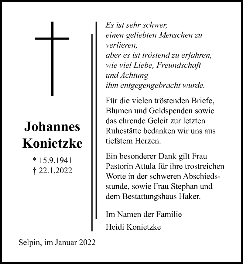  Traueranzeige für Johannes Konietzke vom 05.02.2022 aus Ostsee-Zeitung GmbH