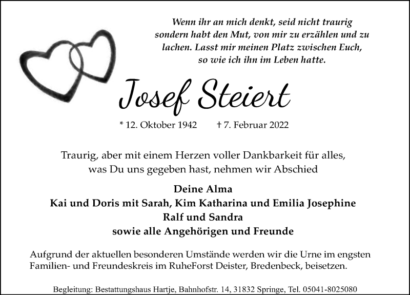 Traueranzeige für Josef Steiert vom 12.02.2022 aus Hannoversche Allgemeine Zeitung/Neue Presse