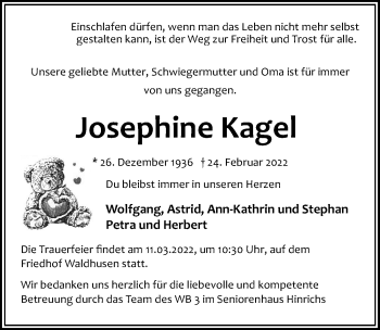 Traueranzeige von Josephine Kagel von Lübecker Nachrichten