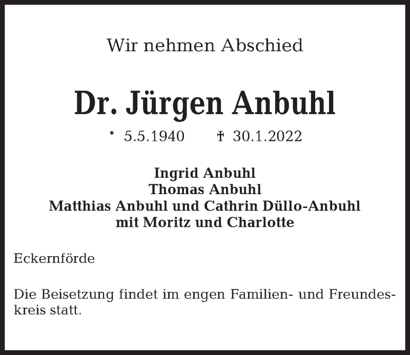  Traueranzeige für Jürgen Anbuhl vom 08.02.2022 aus Kieler Nachrichten