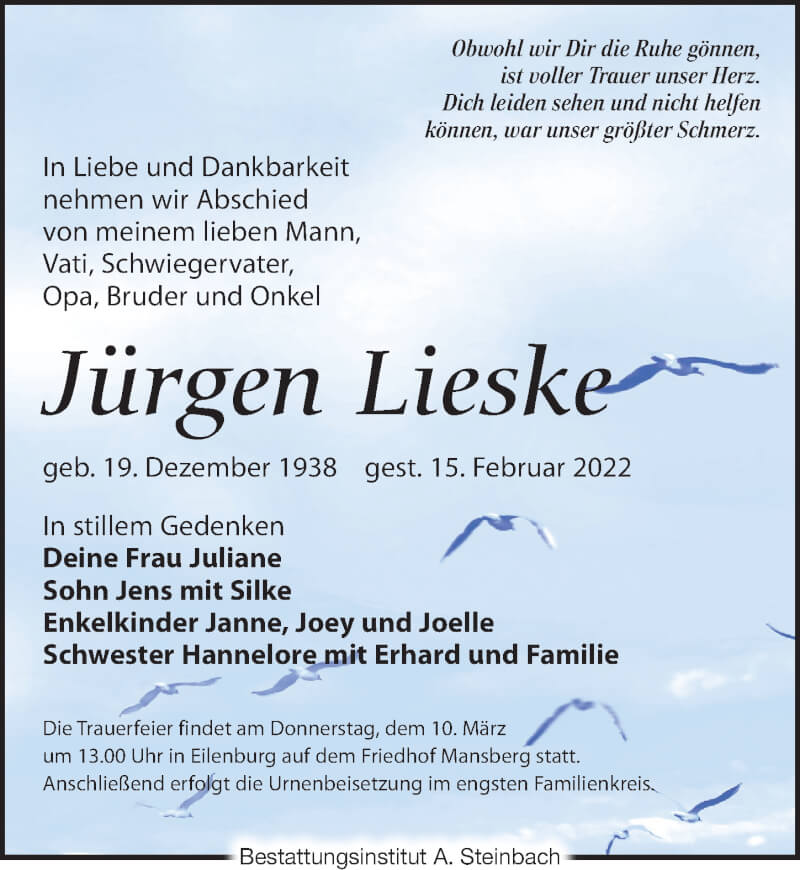  Traueranzeige für Jürgen Lieske vom 19.02.2022 aus Leipziger Volkszeitung
