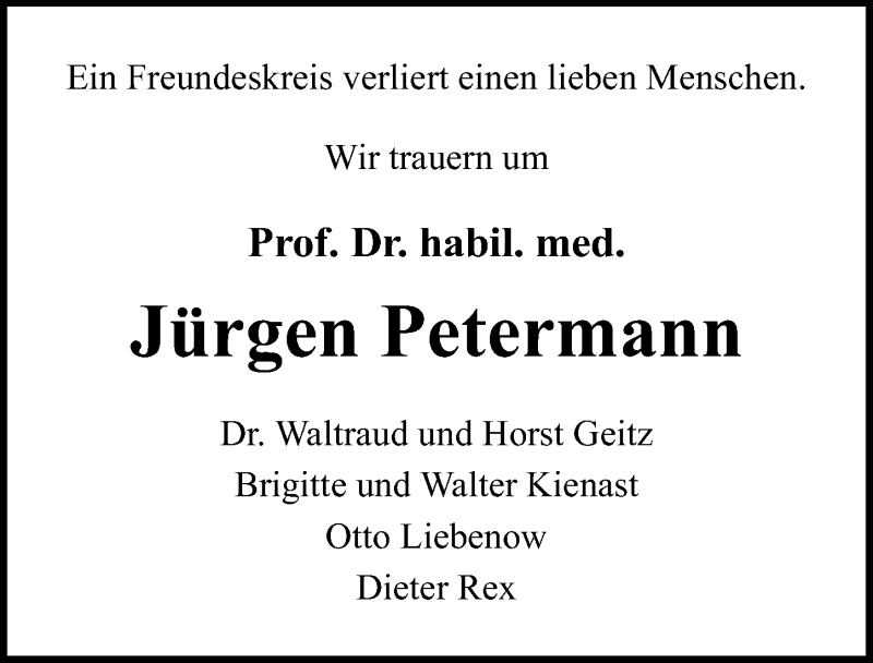  Traueranzeige für Jürgen Petermann vom 05.02.2022 aus Ostsee-Zeitung GmbH