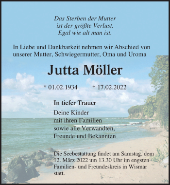 Traueranzeige von Jutta Möller von Ostsee-Zeitung GmbH