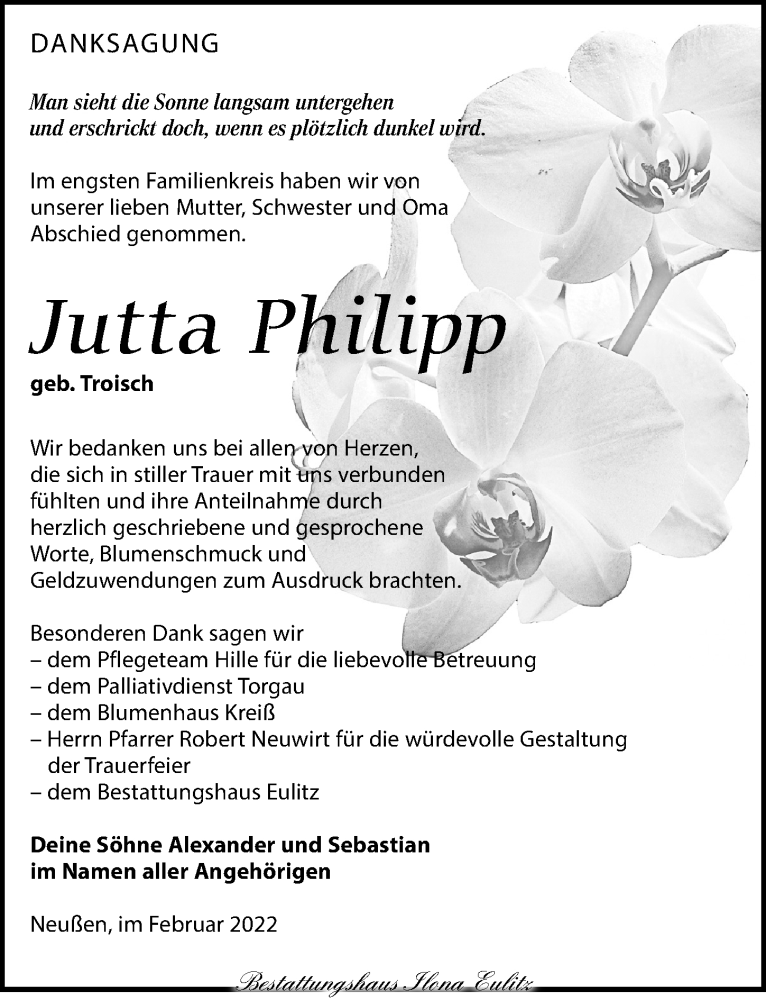  Traueranzeige für Jutta Philipp vom 12.02.2022 aus Torgauer Zeitung