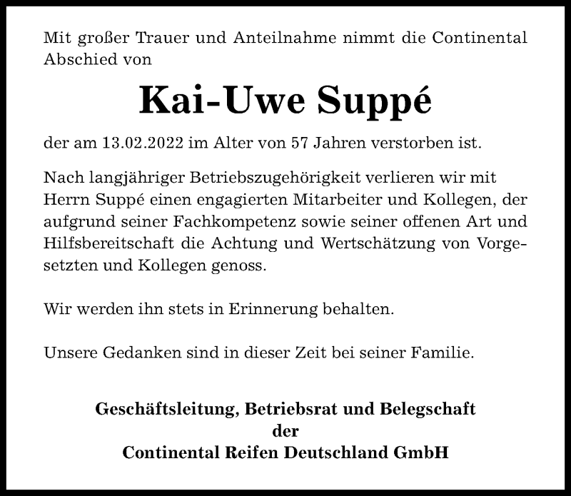  Traueranzeige für Kai-Uwe Suppe vom 26.02.2022 aus Hannoversche Allgemeine Zeitung/Neue Presse