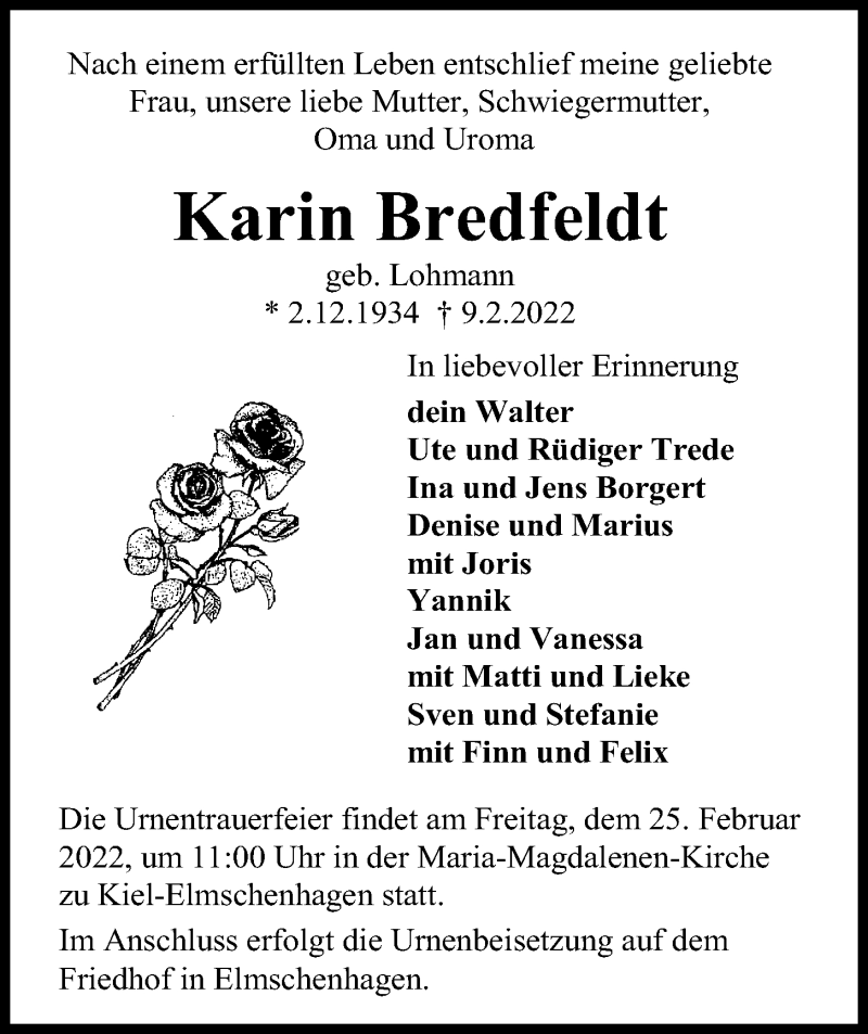 Traueranzeige für Karin Bredfeldt vom 19.02.2022 aus Kieler Nachrichten