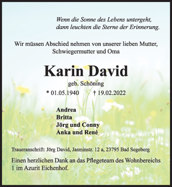 Traueranzeige von Karin David von Kieler Nachrichten