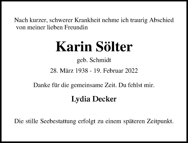  Traueranzeige für Karin Sölter vom 27.02.2022 aus Lübecker Nachrichten