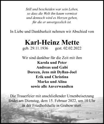 Traueranzeige von Karl-Heinz Mette von Märkischen Allgemeine Zeitung