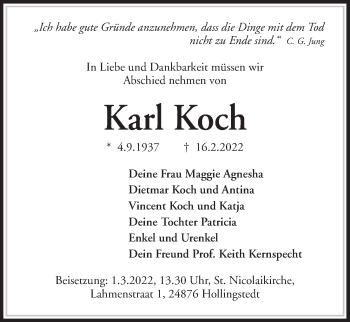 Traueranzeige von Karl Koch von Kieler Nachrichten