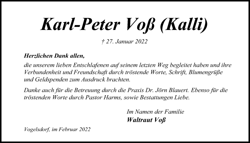  Traueranzeige für Karl-Peter Voß vom 19.02.2022 aus Kieler Nachrichten