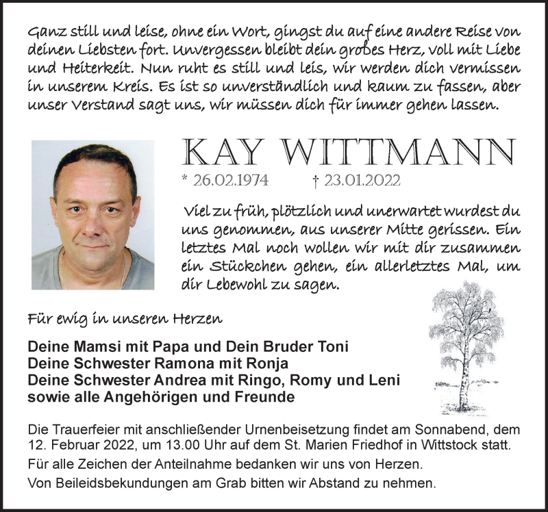  Traueranzeige für Kay Wittmann vom 09.02.2022 aus Märkischen Allgemeine Zeitung