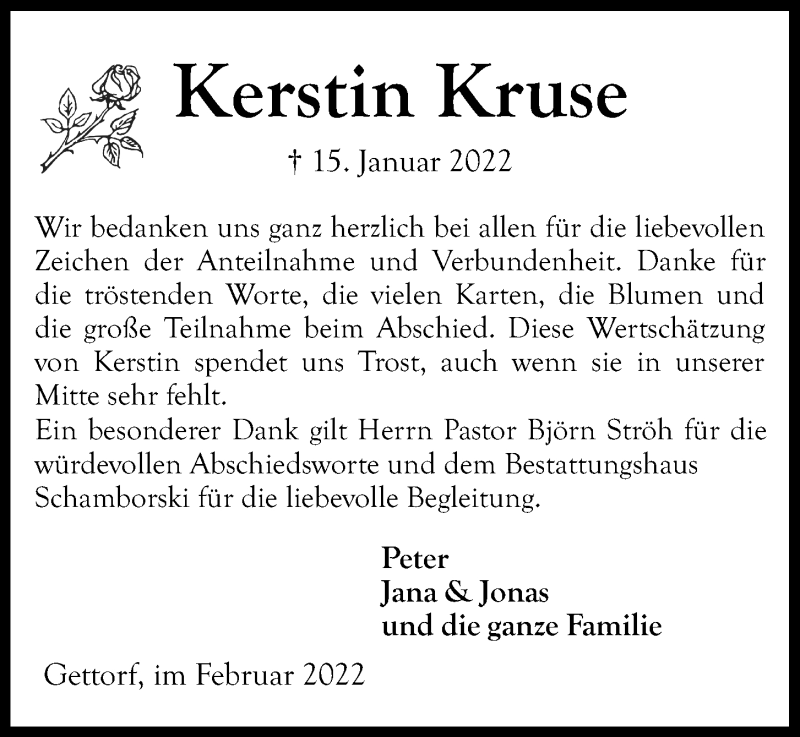  Traueranzeige für Kerstin Kruse vom 19.02.2022 aus Kieler Nachrichten