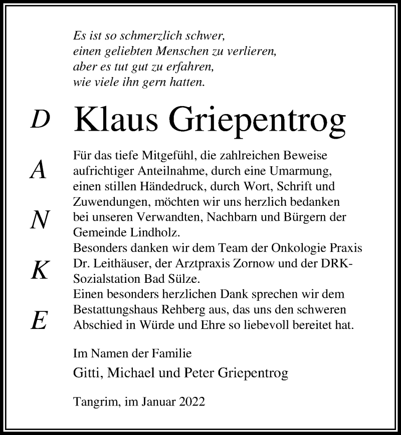  Traueranzeige für Klaus Griepentrog vom 05.02.2022 aus Ostsee-Zeitung GmbH
