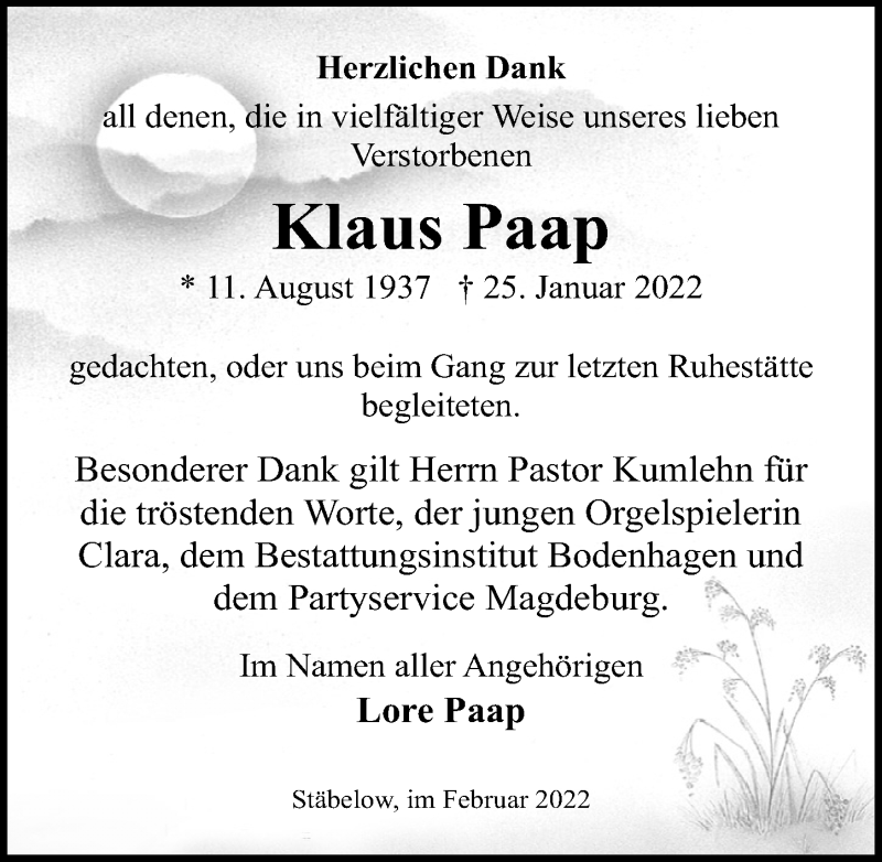  Traueranzeige für Klaus Paap vom 19.02.2022 aus Ostsee-Zeitung GmbH