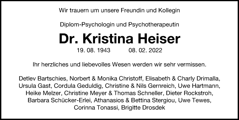  Traueranzeige für Kristina Heiser vom 19.02.2022 aus Hannoversche Allgemeine Zeitung/Neue Presse