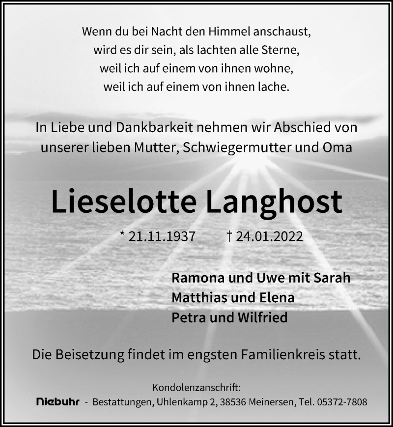  Traueranzeige für Lieselotte Langhost vom 03.02.2022 aus Aller Zeitung