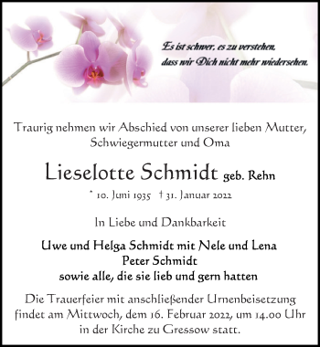 Traueranzeige von Lieselotte Schmidt von Ostsee-Zeitung GmbH