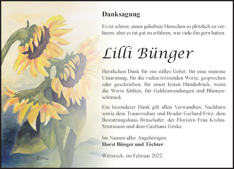 Traueranzeige für Lilli Bünger vom 19.02.2022 aus Märkischen Allgemeine Zeitung