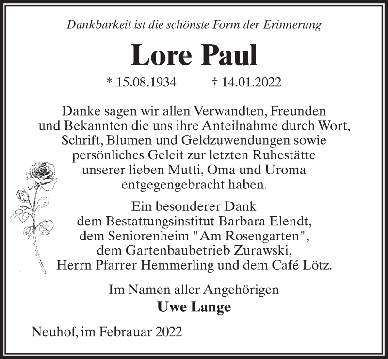  Traueranzeige für Lore Paul vom 23.02.2022 aus Märkischen Allgemeine Zeitung