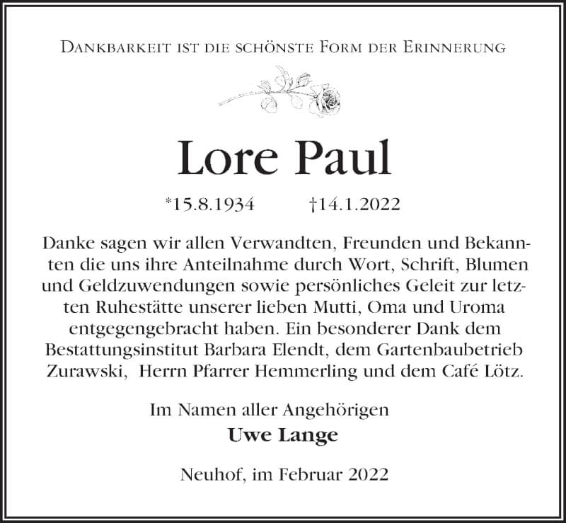  Traueranzeige für Lore Paul vom 19.02.2022 aus Märkischen Allgemeine Zeitung