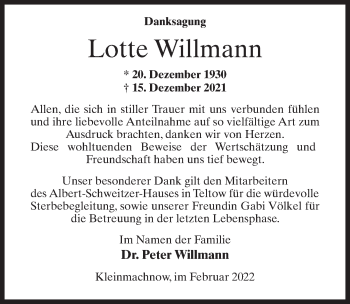 Traueranzeige von Lotte Willmann von Märkischen Allgemeine Zeitung