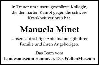 Traueranzeige von Manuela Minet von Hannoversche Allgemeine Zeitung/Neue Presse