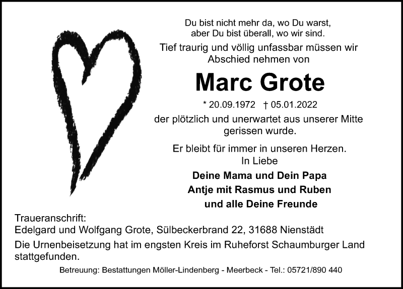  Traueranzeige für Marc Grote vom 05.02.2022 aus Schaumburger Nachrichten