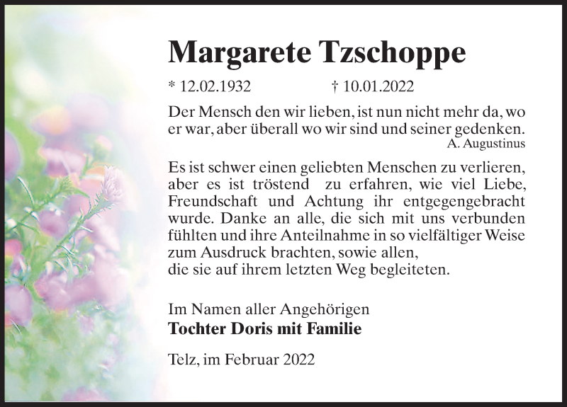 Traueranzeige für Margarete Tzschoppe vom 26.02.2022 aus Märkischen Allgemeine Zeitung