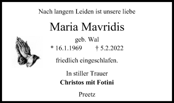 Traueranzeige von Maria Mavridis von Kieler Nachrichten