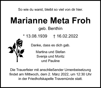 Traueranzeige von Marianne Meta Froh von Lübecker Nachrichten