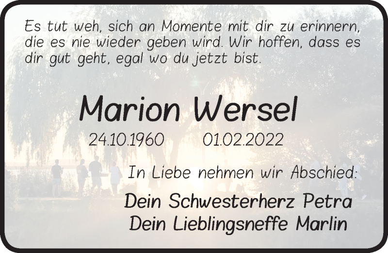  Traueranzeige für Marion Wersel vom 05.02.2022 aus Hannoversche Allgemeine Zeitung/Neue Presse