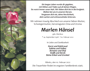 Traueranzeige von Marlen Hänsel von Ostsee-Zeitung GmbH