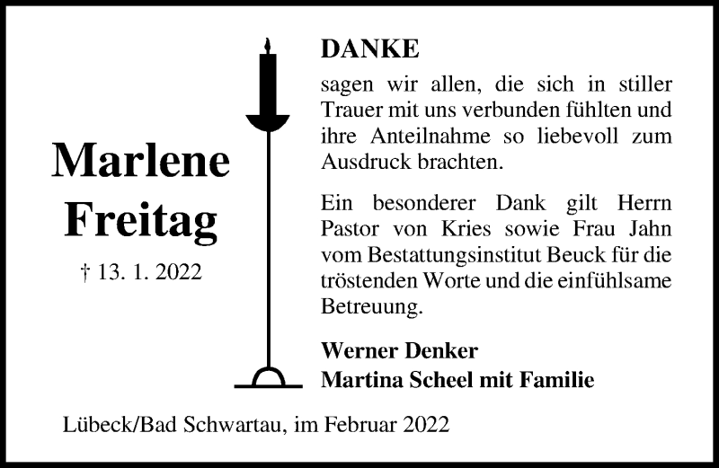  Traueranzeige für Marlene Freitag vom 06.02.2022 aus Lübecker Nachrichten