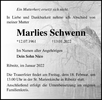 Traueranzeige von Marlies Schwenn von Ostsee-Zeitung GmbH