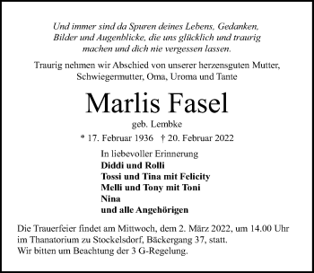 Traueranzeige von Marlis Fasel von Lübecker Nachrichten