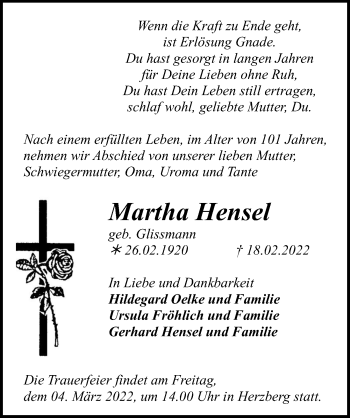 Traueranzeige von Martha Hensel von Märkischen Allgemeine Zeitung