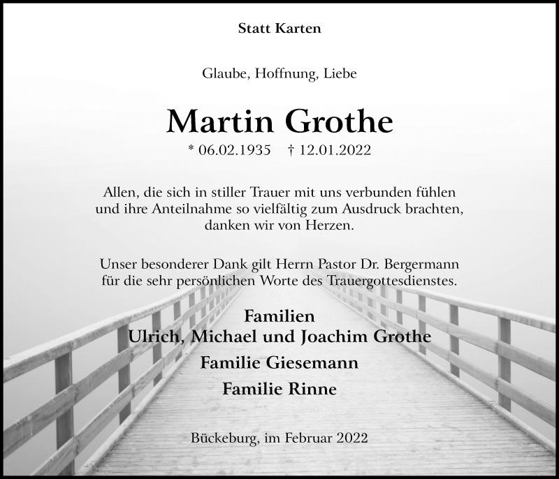  Traueranzeige für Martin Grothe vom 12.02.2022 aus Schaumburger Nachrichten