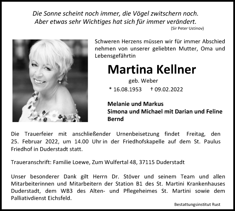  Traueranzeige für Martina Kellner vom 19.02.2022 aus Eichsfelder Tageblatt