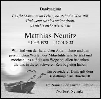 Traueranzeige von Matthias Nemitz von Ostsee-Zeitung GmbH