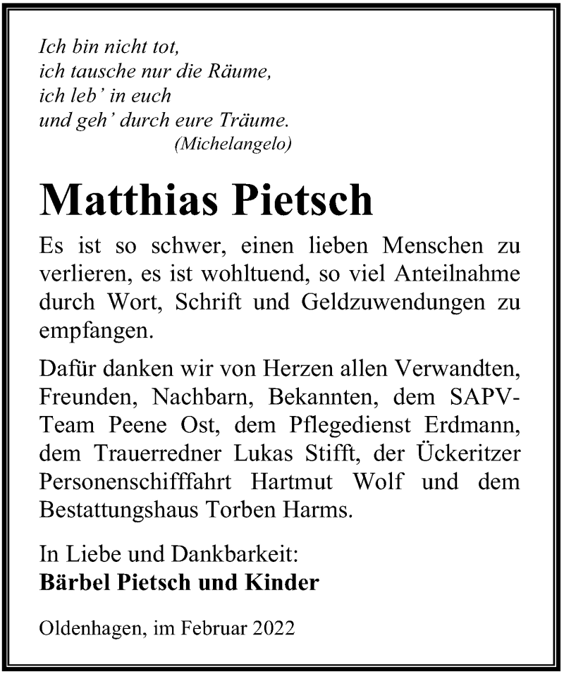  Traueranzeige für Matthias Pietsch vom 12.02.2022 aus Ostsee-Zeitung GmbH
