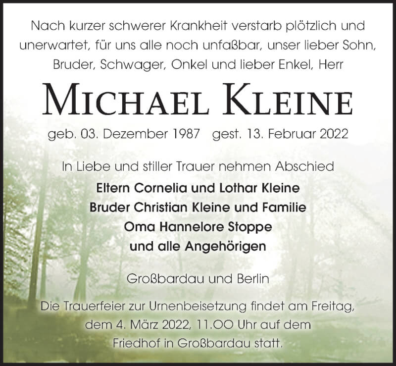 Traueranzeige für Michael Kleine vom 19.02.2022 aus Leipziger Volkszeitung