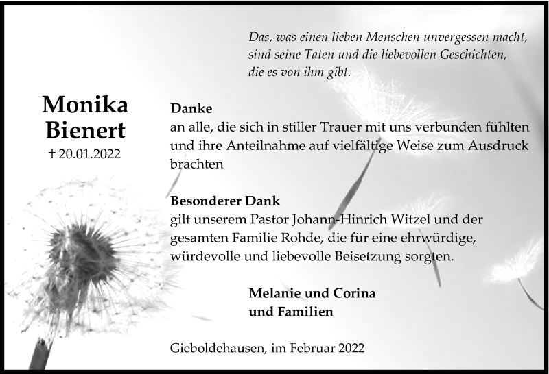  Traueranzeige für Monika Bienert vom 05.02.2022 aus Eichsfelder Tageblatt