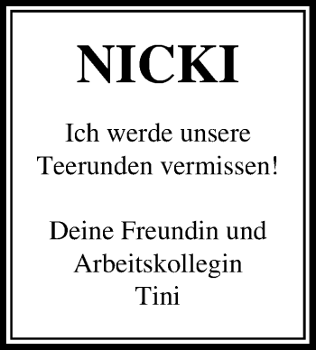 Traueranzeige von Nicki  von Lübecker Nachrichten